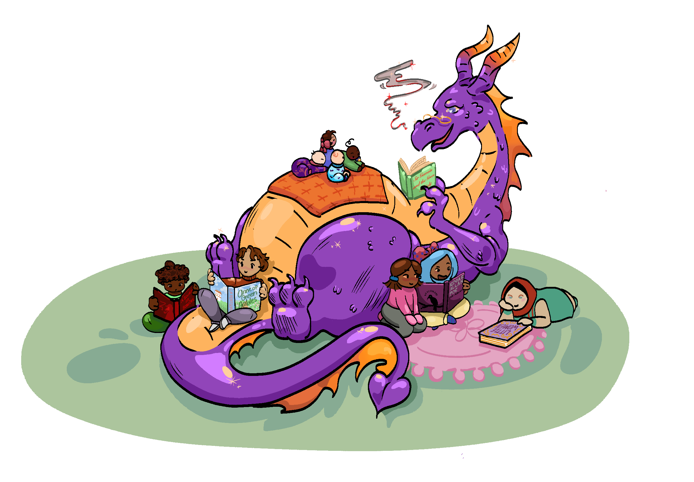 A sunlit courtyard with a dragon at the heart of it